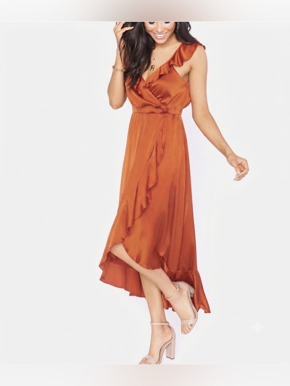 Show Me Your Mumu Rust Orange Satin Ruffle V-Neck Maxi Dress  S (Missing sash)